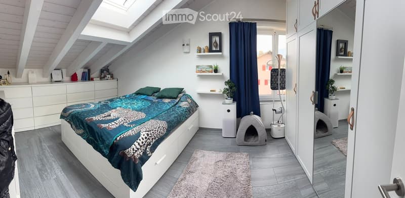 Modern bedroom with a large bed, built-in wardrobe, shelves, and cat beds. Features a skylight, grey flooring, and white walls.