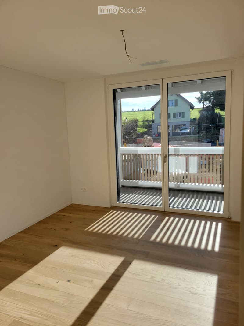 Empty room with light wooden flooring and large sliding glass doors leading to a balcony. Sunlight streams in, casting shadows on the floor.