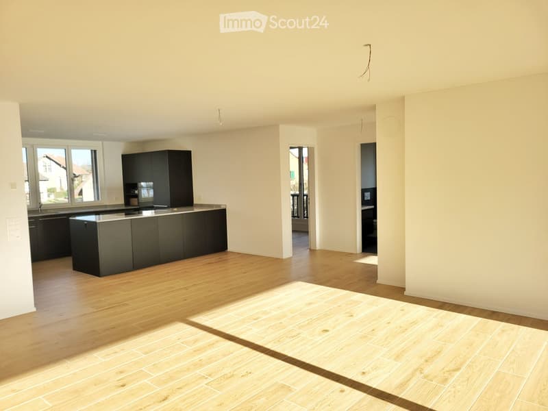 Open-plan kitchen and living area with light wooden flooring, modern dark cabinets, and a central island.