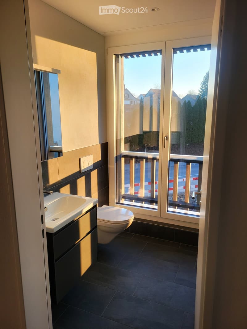 Modern bathroom with dark tiled floor, white sink, toilet, and large windows offering a view of the outside area.