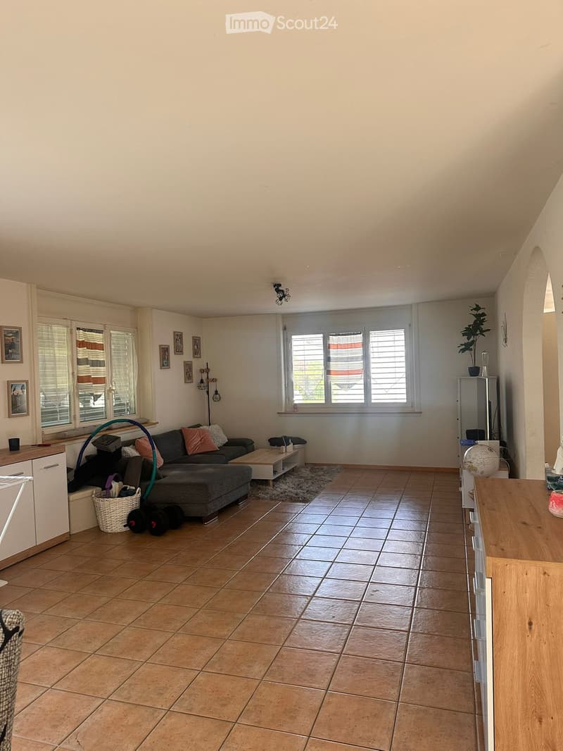 Living room with tiled floor, grey sofa, coffee table, small basket, plant, and a wooden table.