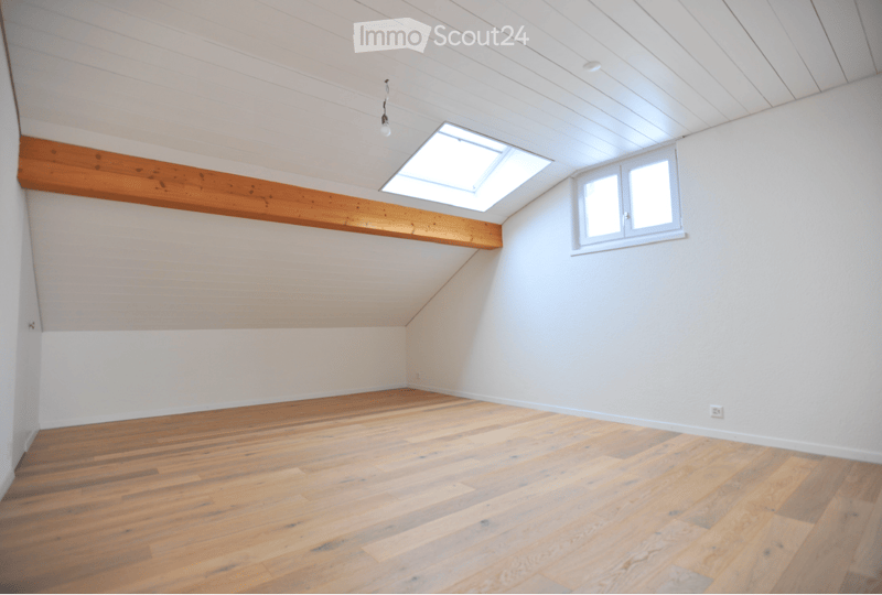 Empty attic room with wooden flooring, white walls, exposed wooden beams, skylight window, and a side window.