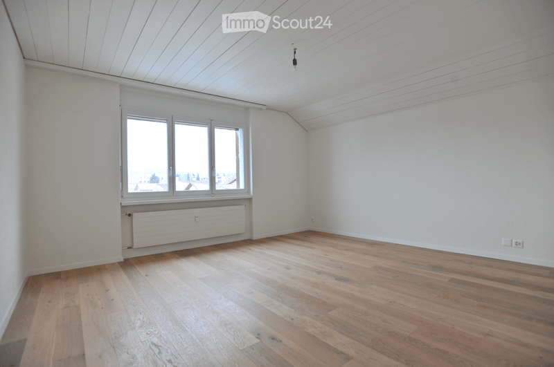 Empty room with wooden flooring, white walls, large windows, and a radiator under the windows.