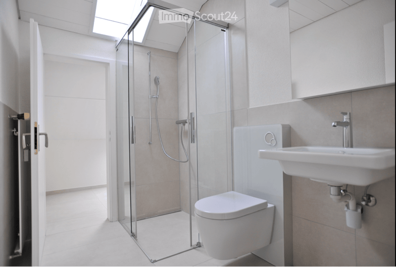 Modern bathroom with a glass-enclosed shower, toilet, sink, and sleek fixtures.