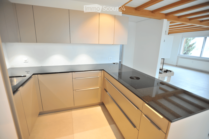 Modern kitchen with light-colored cabinets, sleek black countertop, and built-in appliances.
