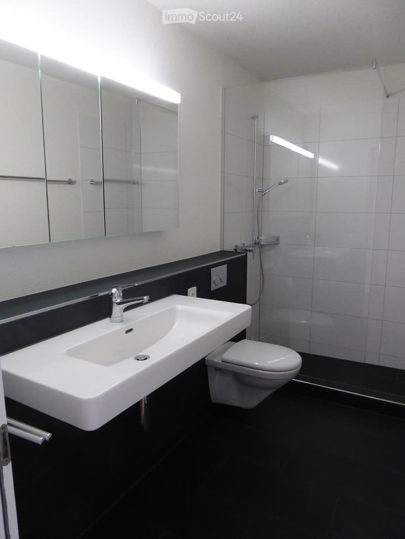 Modern bathroom with white tiles, glass walk-in shower, white sink, toilet, and large mirrors.