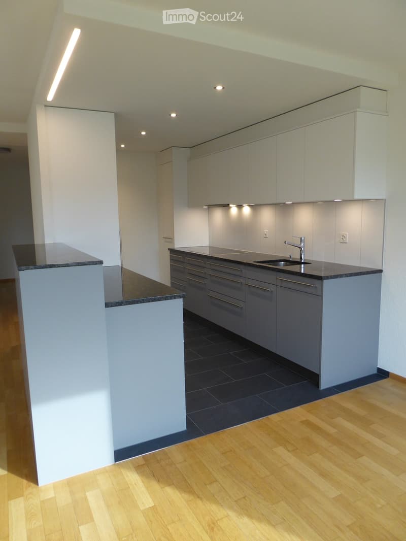 modern kitchen with white cabinets, black countertops, wooden floor, stainless steel sink, faucet, and built-in lighting