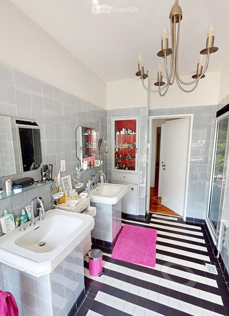 {"visible_features": [], "type": "Bathroom", "objects": ["sink", "mirror", "faucet", "toilet", "cabinet", "toilet paper holder", "rug", "trash can", "bottle", "bottle", "bottle", "bottle", "bottle", "bottle", "bottle", "bottle", "bottle", "bottle", "bottl
