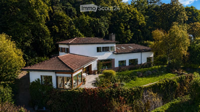 Aerial view of a white house with brown roofs, surrounded by greenery and trees.