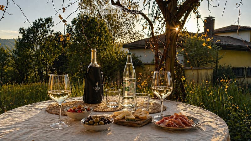 Outdoor table set with wine, olives, cheese, and bread under a tree.