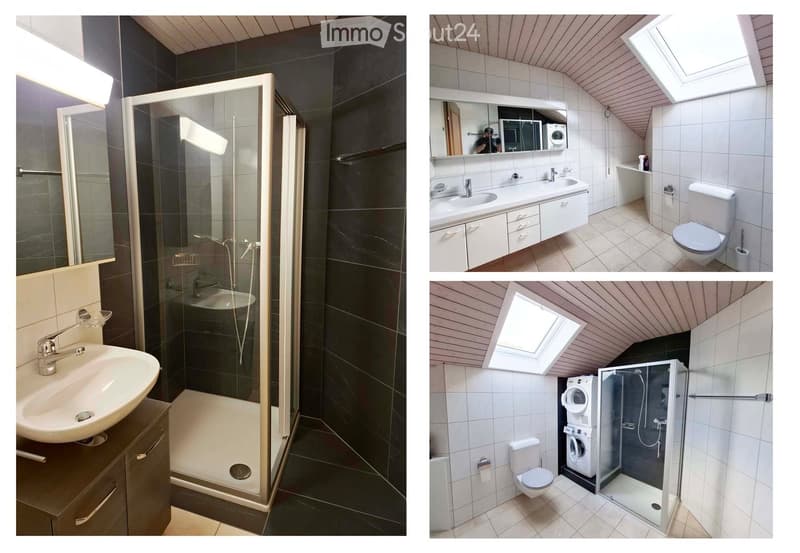 Modern bathrooms with sleek designs, featuring dark tiles, glass shower enclosures, and built-in storage. One bathroom includes a skylight window, while another has a compact washer-dryer unit.