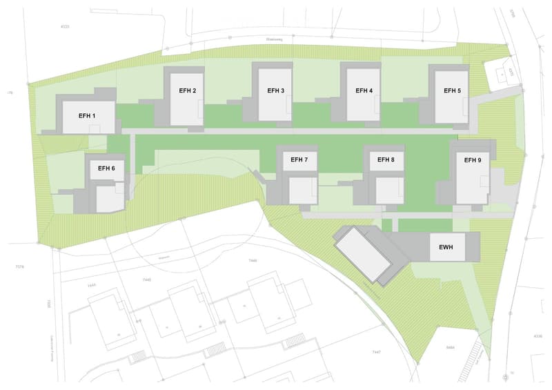 Floor plan showing multiple residential units labeled EFH 1 to EFH 9 and EWH, surrounded by green spaces and pathways.