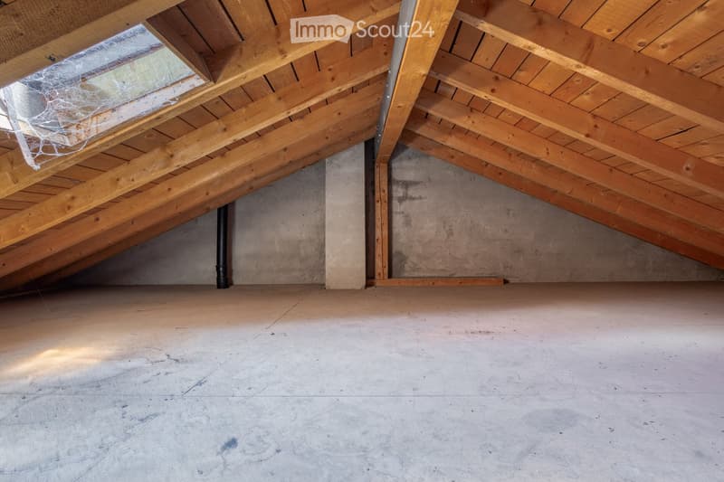Empty attic space with wooden beams, concrete floor, and exposed insulation. No furniture or equipment present.
