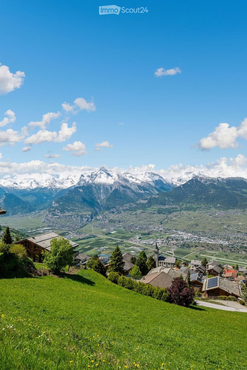 A panoramic view of a lush green hillside dotted with houses and trees, overlooking a valley with a town and snow-capped mountains in the background.