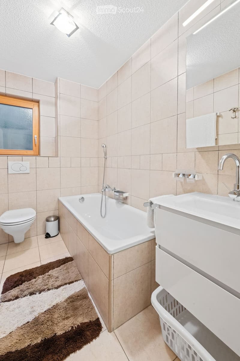 Modern bathroom with a bathtub, toilet, sink, mirror, and a fluffy brown rug on the floor.