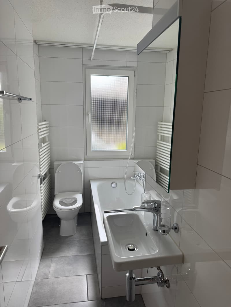 Modern bathroom with white tiles, bathtub, toilet, sink, and mirror. Includes a window with frosted glass and a radiator.