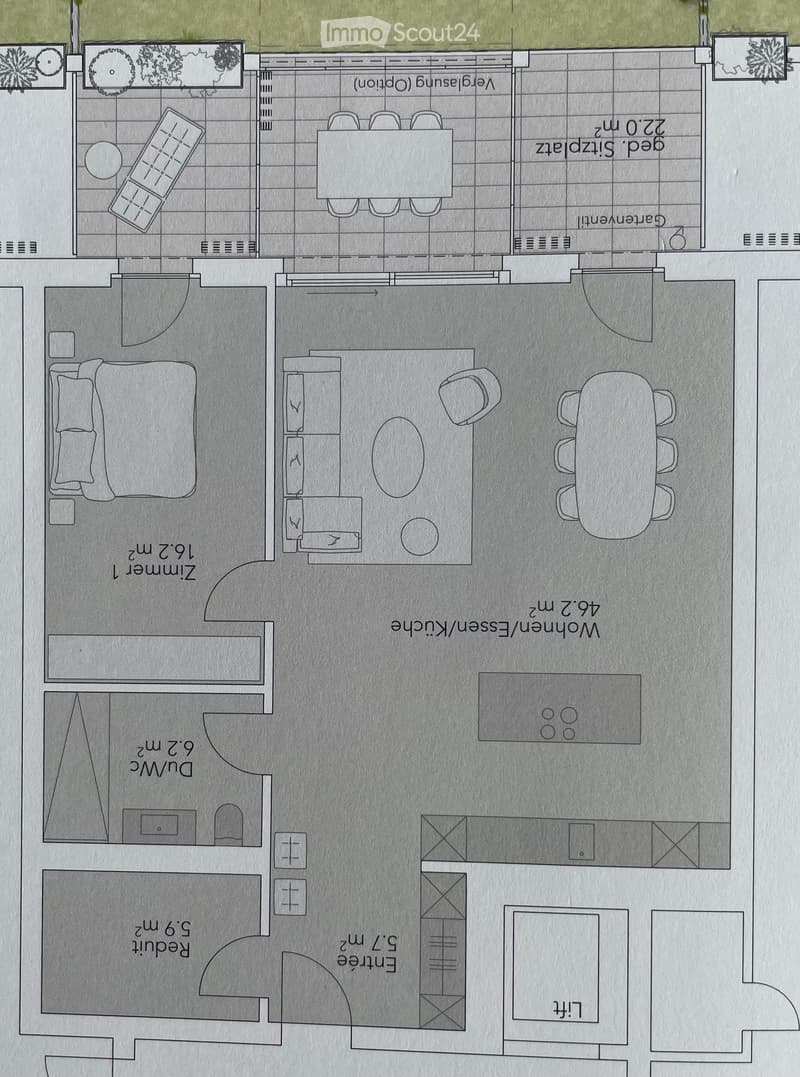 Floor Plan. Floor plan showing a layout with a living room, dining area, kitchen, bedroom, bathroom, and entrance.