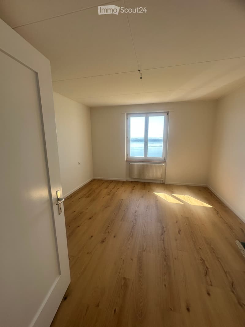 Empty room with light wooden flooring, white walls, and a window with a radiator below it. The room has a door on the left side and is well-lit with natural light.
