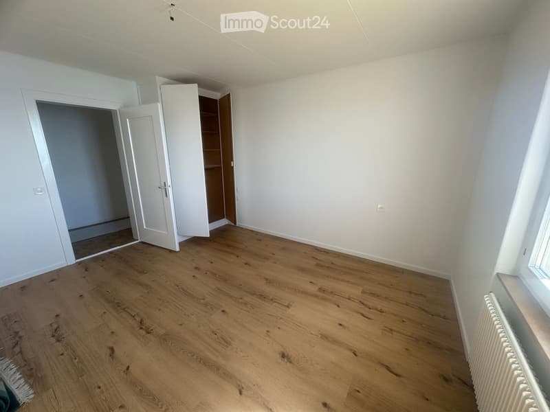 Empty room with light wooden flooring, white walls, and a radiator near a window. An open closet with shelves is visible, and a doorway leads to another space.