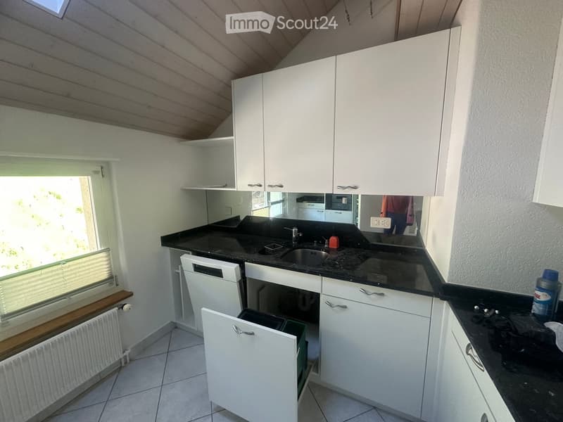 Modern kitchen with white cabinets, black countertop, sink, dishwasher, and oven. Features a window with blinds and a radiator below.