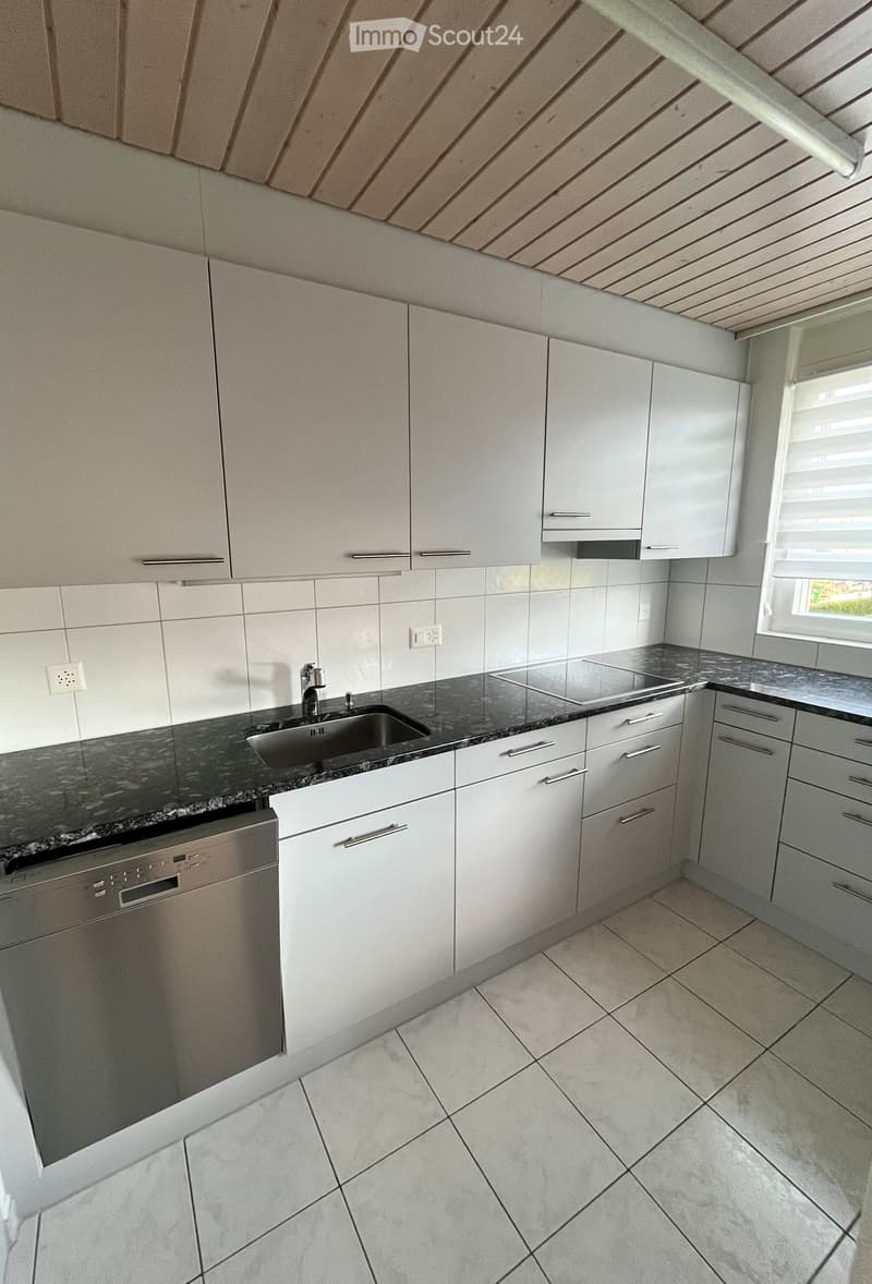 Modern kitchen with white cabinets, granite countertop, stainless steel sink, and dishwasher. Features a window with blinds and tiled floor.