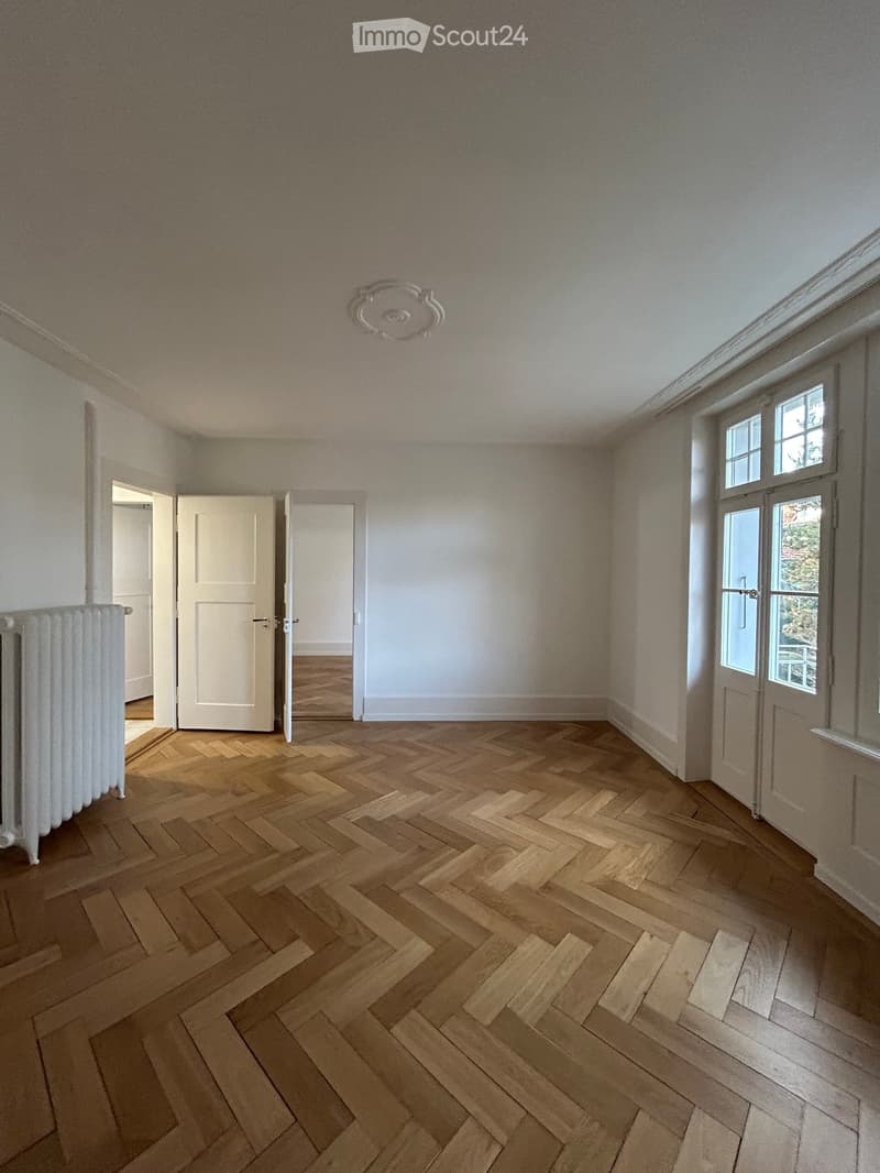 Empty room with wooden herringbone flooring, white walls, and a radiator on the left side. A large window with double doors is on the right, and a ceiling light fixture is visible.