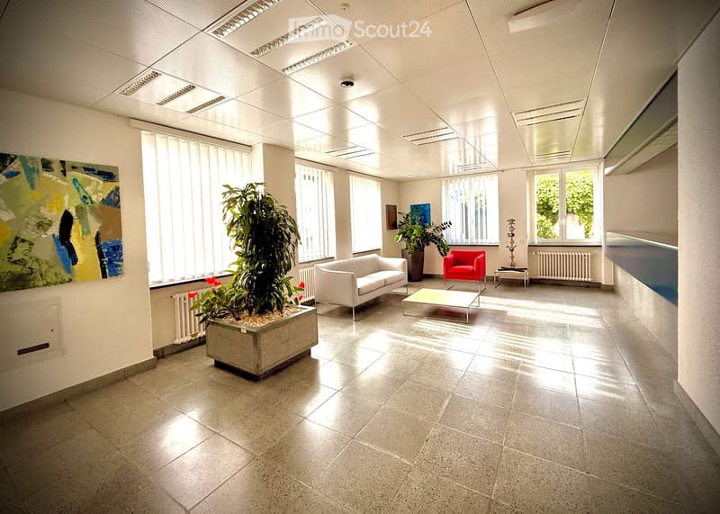 Modern, well-lit room with a white sofa, coffee table, red accent chair, small side table, large potted plant, and artwork on the walls.