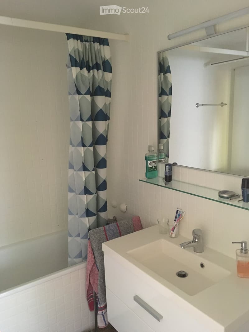 Bathroom with a white sink, mirror, and glass shelf holding toiletries. A shower curtain with a geometric pattern is visible, along with towels and a toothbrush holder.