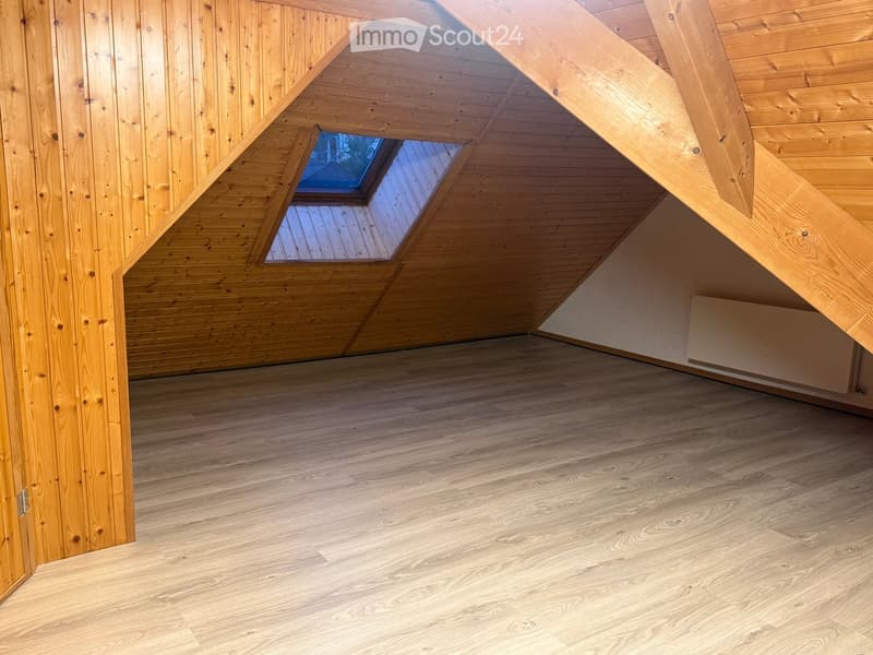 Empty room with wooden walls, wooden floor, and skylight windows in the ceiling.