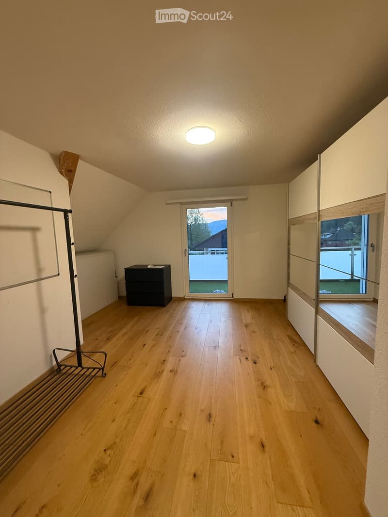 Empty room with wooden flooring, white walls, and a skylight ceiling. Features a sliding glass door leading to a balcony and a small black cabinet.