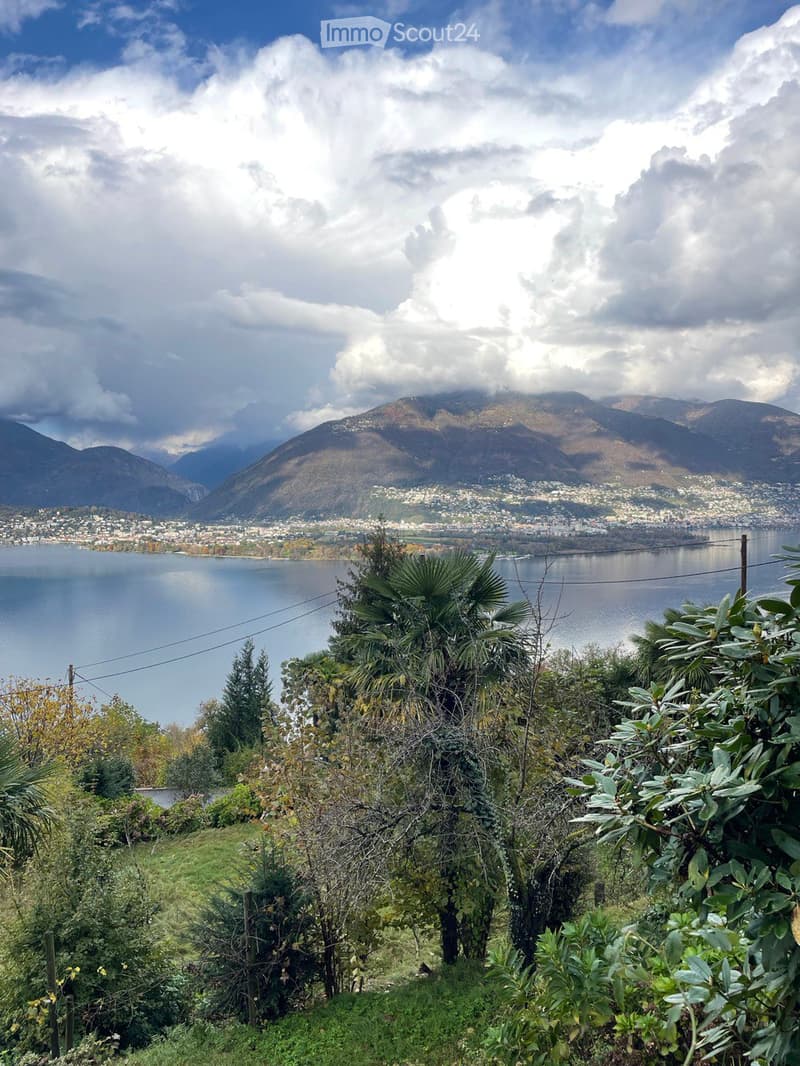 A scenic outdoor view featuring a lush garden with various trees and shrubs in the foreground, overlooking a serene lake surrounded by mountains and a town under a partly cloudy sky.