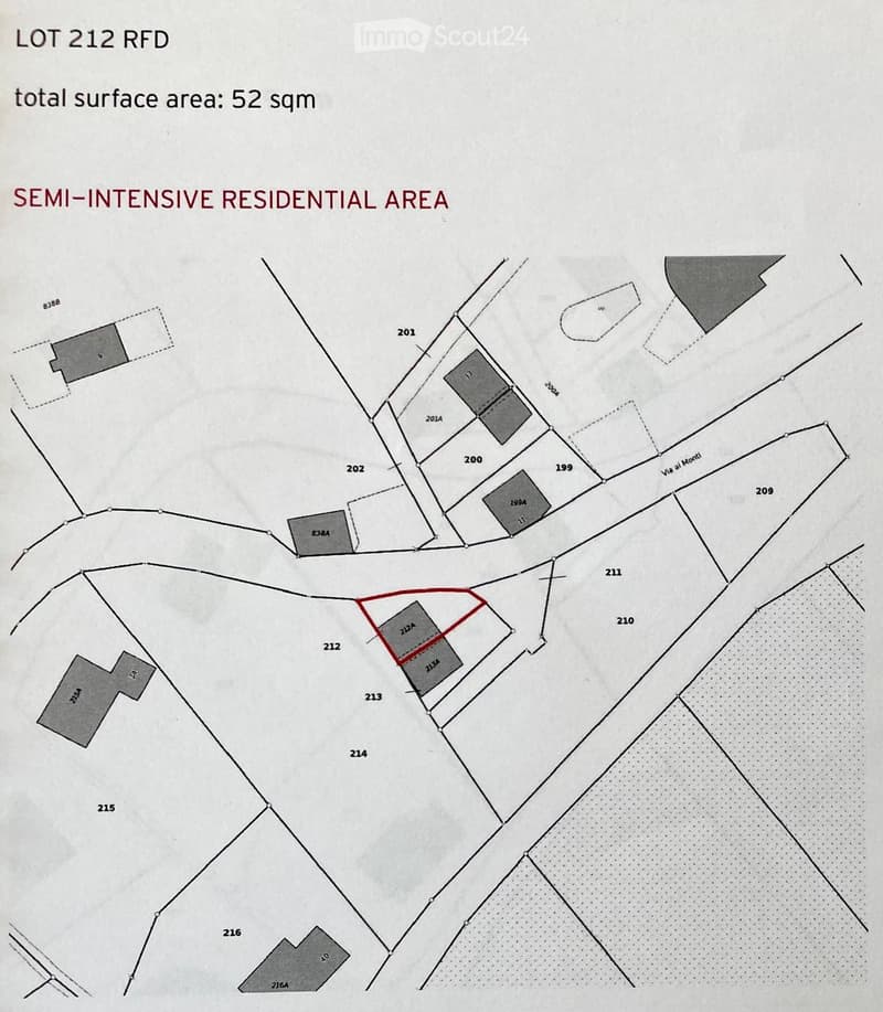 Floor plan of a residential area labeled as 'Semi-Intensive Residential Area,' showing lot 212 RFD with a total surface area of 52 sqm. The plan includes numbered plots and boundaries.