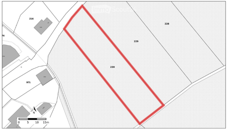 A floor plan showing a single rectangular plot of land outlined in red, with surrounding plots labeled with numbers and a north indicator at the bottom left.