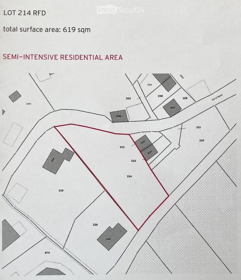 Floor plan of Lot 214 RFD, showing a total surface area of 619 sqm in a semi-intensive residential area. The lot is outlined in red, with surrounding numbered plots and labeled streets.