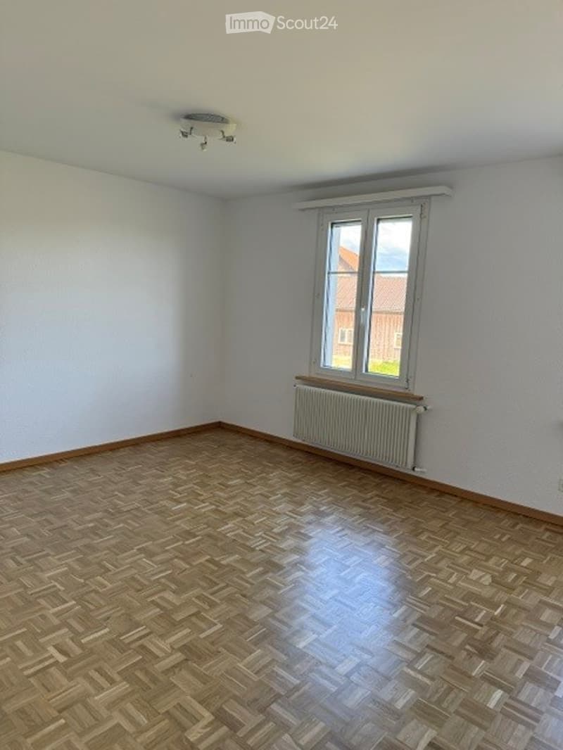 Empty room with wooden parquet flooring, white walls, a single window with white frame, radiator below the window, and a ceiling light fixture.