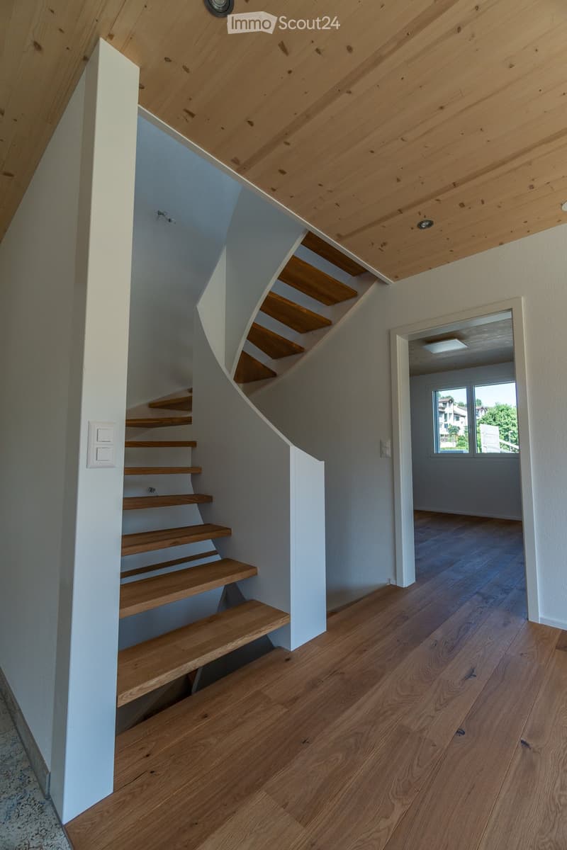 wooden staircase, spiral shape, white wall, wooden flooring