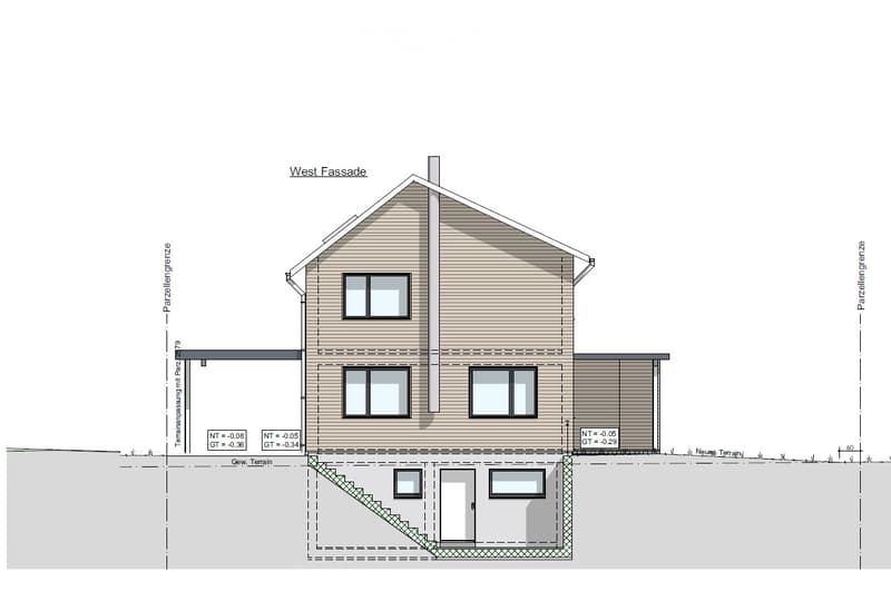 West facade of a two-story house with a raised ground floor, featuring multiple windows and a chimney.