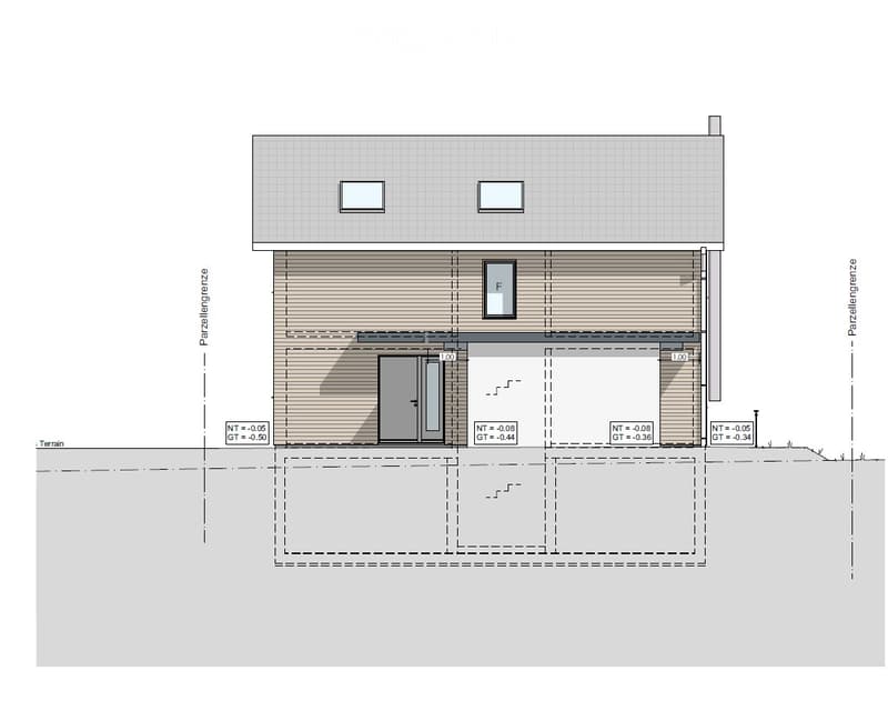Floor plan of a two-story building with a raised ground floor, featuring a garage, entrance, and multiple rooms.