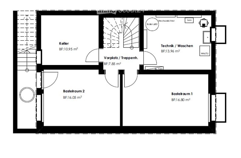 Floor plan of a basement level showing multiple rooms including a kitchen, living area, and utility spaces.