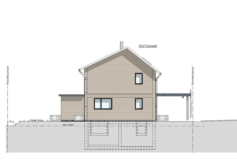Architectural floor plan of a two-story house with a pitched roof, showing elevations, windows, and ground level details.