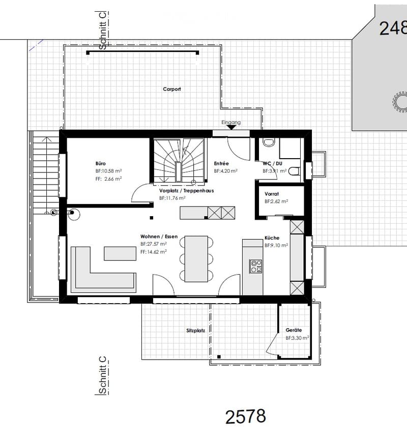 Floor plan of a 248 m² apartment featuring a living/dining area, kitchen, bedroom, office, entrance, hallway, bathroom, and storage room.