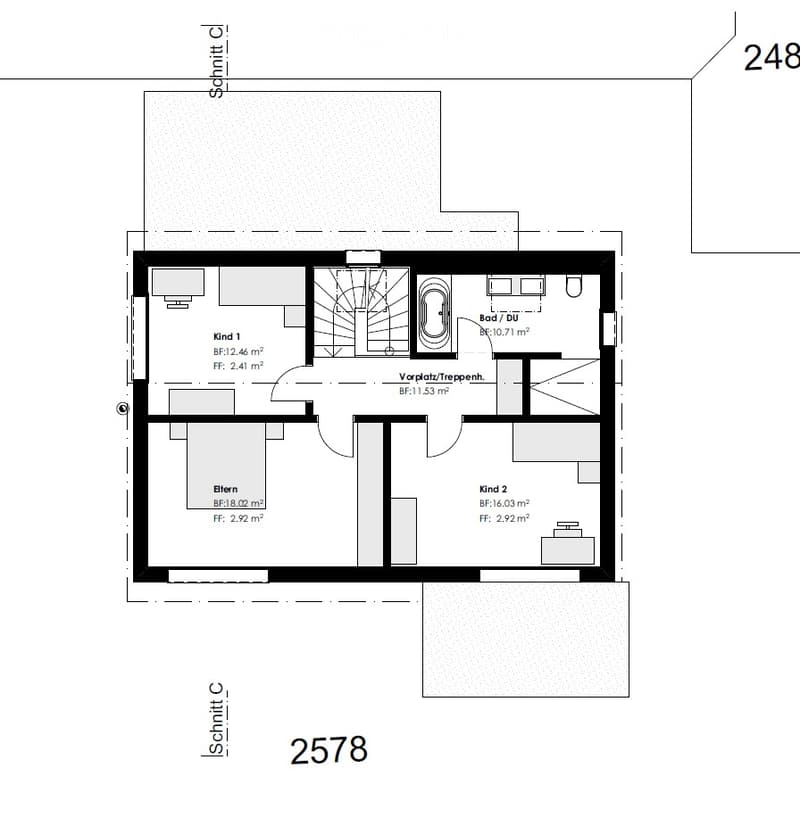 Floor plan of a 4-room apartment including two bedrooms, a bathroom, and a hallway.