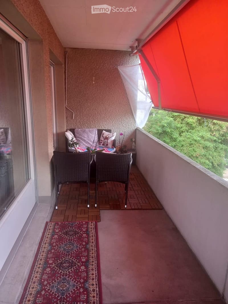 Balcony with wicker chairs, sofa, rug, red awning, wooden floor, plants, trees in the background