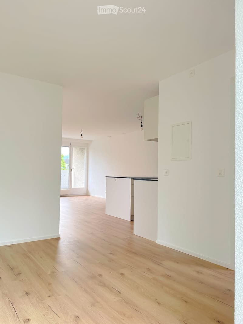 Empty room with light wooden flooring, white walls, and a small white cabinet. There is a doorway leading to another room with a glass door.