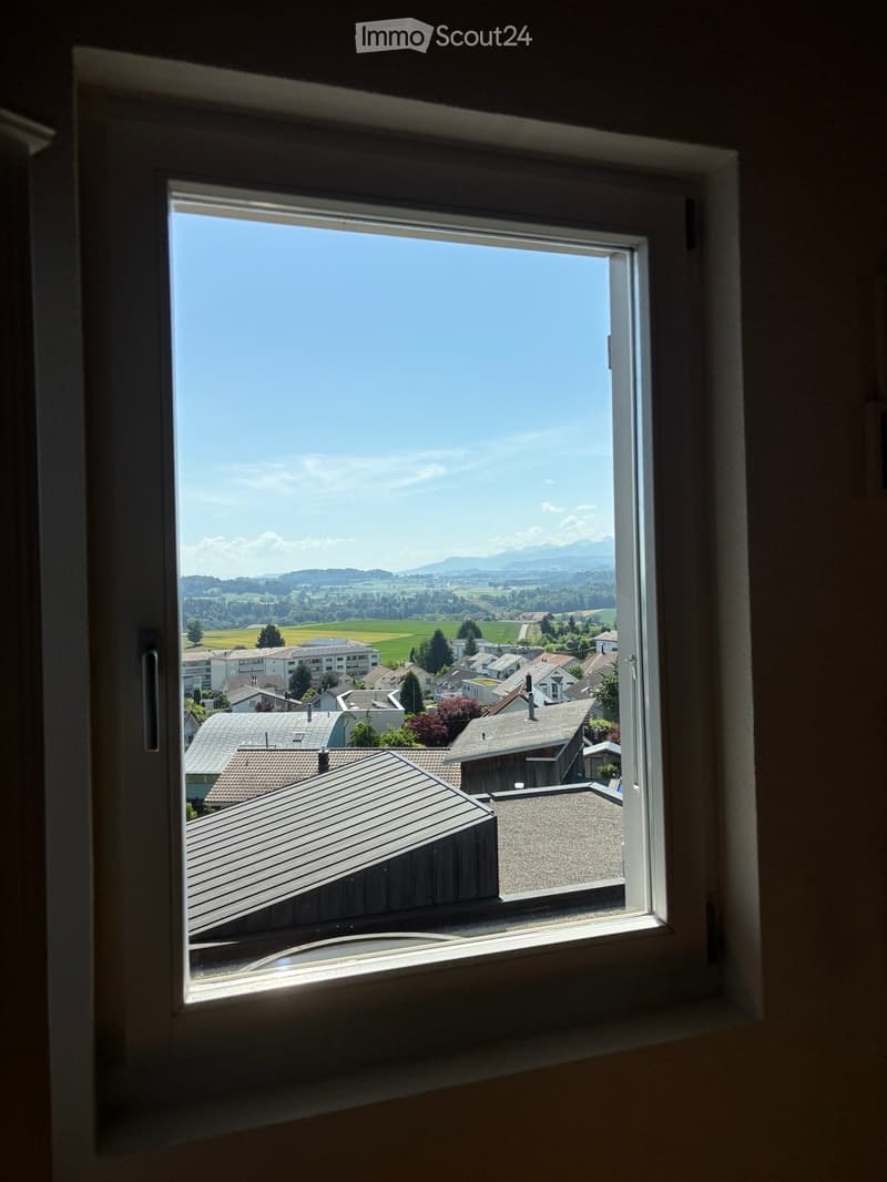 View from a window showing a town with houses, green fields, and distant mountains under a clear blue sky.