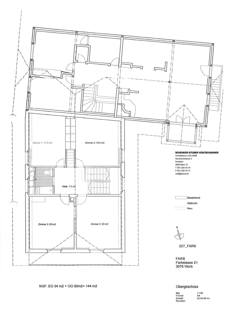 Floor plan of a two-story building with four rooms, a hallway, and a staircase connecting the ground and upper floors.