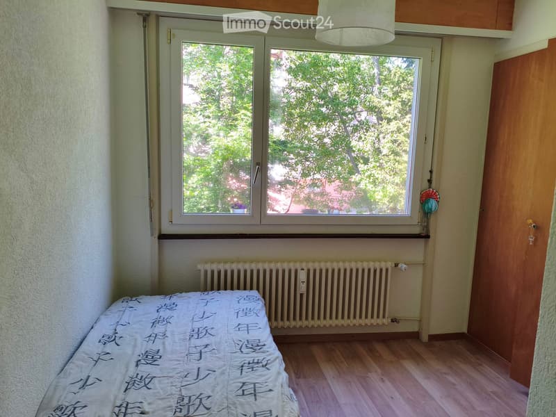 Small bedroom with wooden flooring, a single bed with a patterned duvet, a radiator below a large window, and a hanging decorative item on the wall.