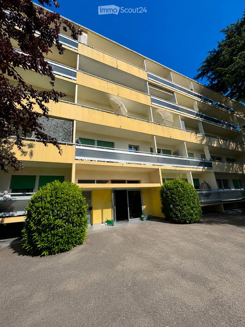 Multi-story residential building with yellow and white facade, multiple balconies, and green bushes in front.