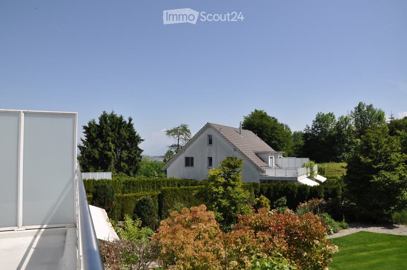 A modern two-story house with a grey roof and white walls, surrounded by a well-maintained garden with various shrubs and trees.