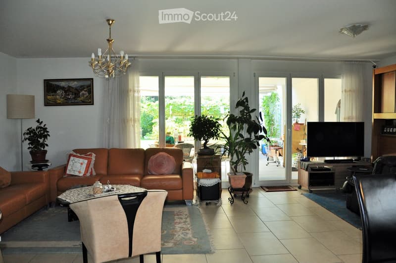 Living room with a brown leather sofa, coffee table, dining table with chairs, TV, floor lamp, picture frame, chandelier, and potted plants.